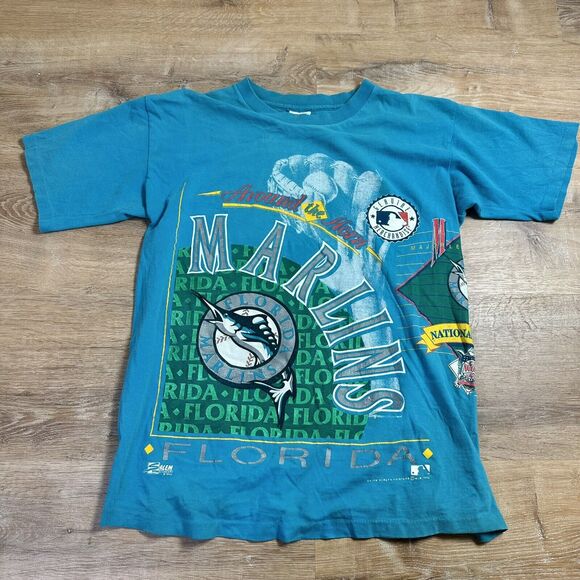 Vintage Miami Marlins 1992 MLB T-Shirt Salem Around The Horn 2 Sided Large 90s - Picture 1 of 10
